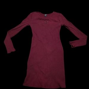wild fable Long Sleeve Ribbed Wine Dress with Embroidered Butterfly